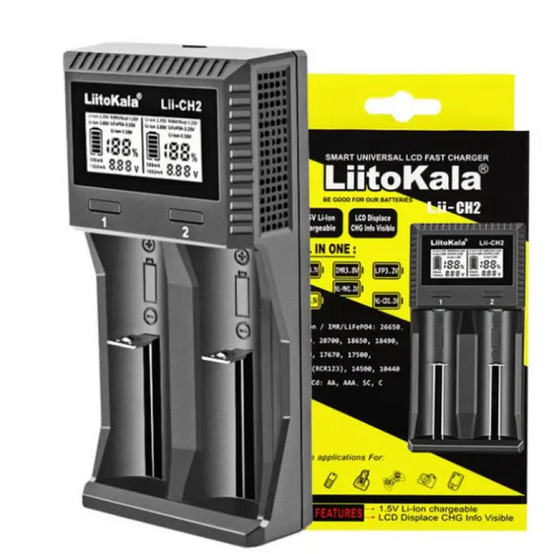 Зарядний пристрій LiitoKala Lii-CH2, 2×26650 /21700 /20700 /18650 /18490 /18350 /17670 /175000 /16340 /14500 /10440 / AA / AAA